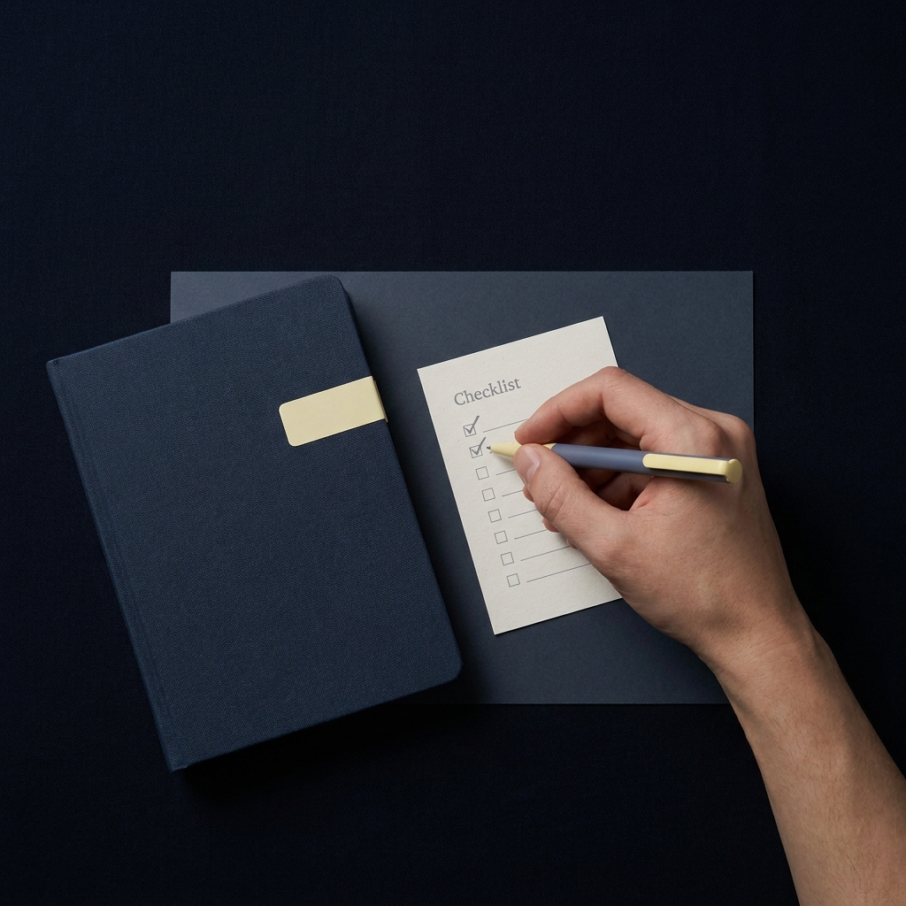 Close up of a hand checking a small printed checklist beside a minimalist trade log notebook representing Building a Pre-Trade Mental Checklist in Funded Plays brand colors