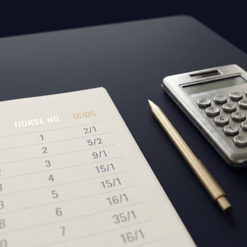 Close up of a racing program page showing horse numbers and odds beside a calculator and pen on a minimal Funded Plays dark background pick 6 horse racing calculator
