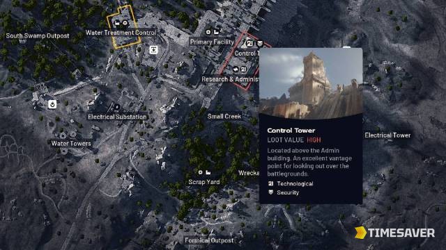 ARC Raiders Dam Battlegrounds map detail showing the Control Tower marked HIGH loot value, located above the Research & Administration admin building