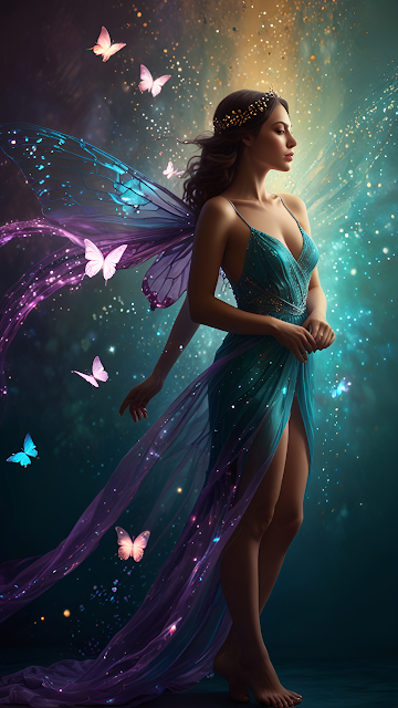 Ethereal Fairy Queen with Sparkling Wings and Butterflies - Free mobile Wallpaper