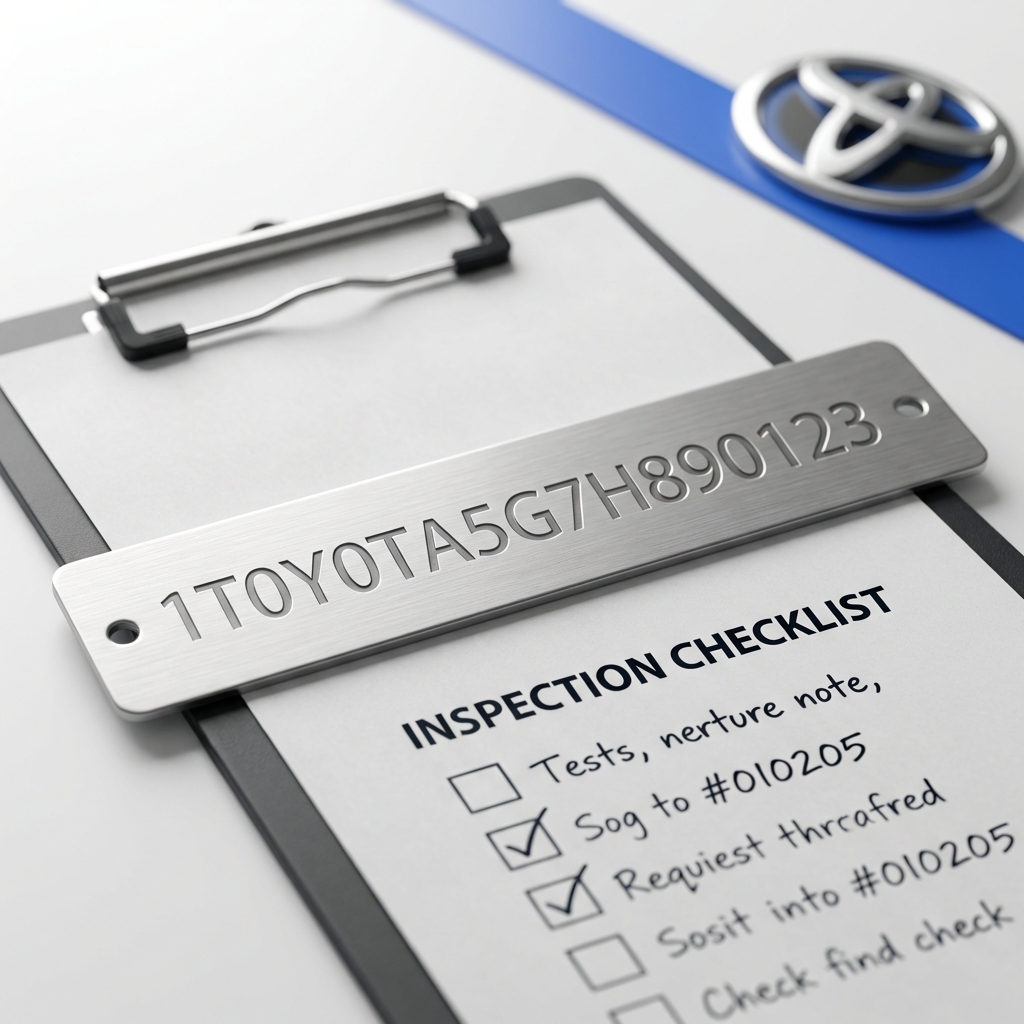 Close up of VIN plate and inspector checklist on clipboard with Toyota badge in background for toyota cars for sale CarFax Deals minimalist white and blue aesthetic