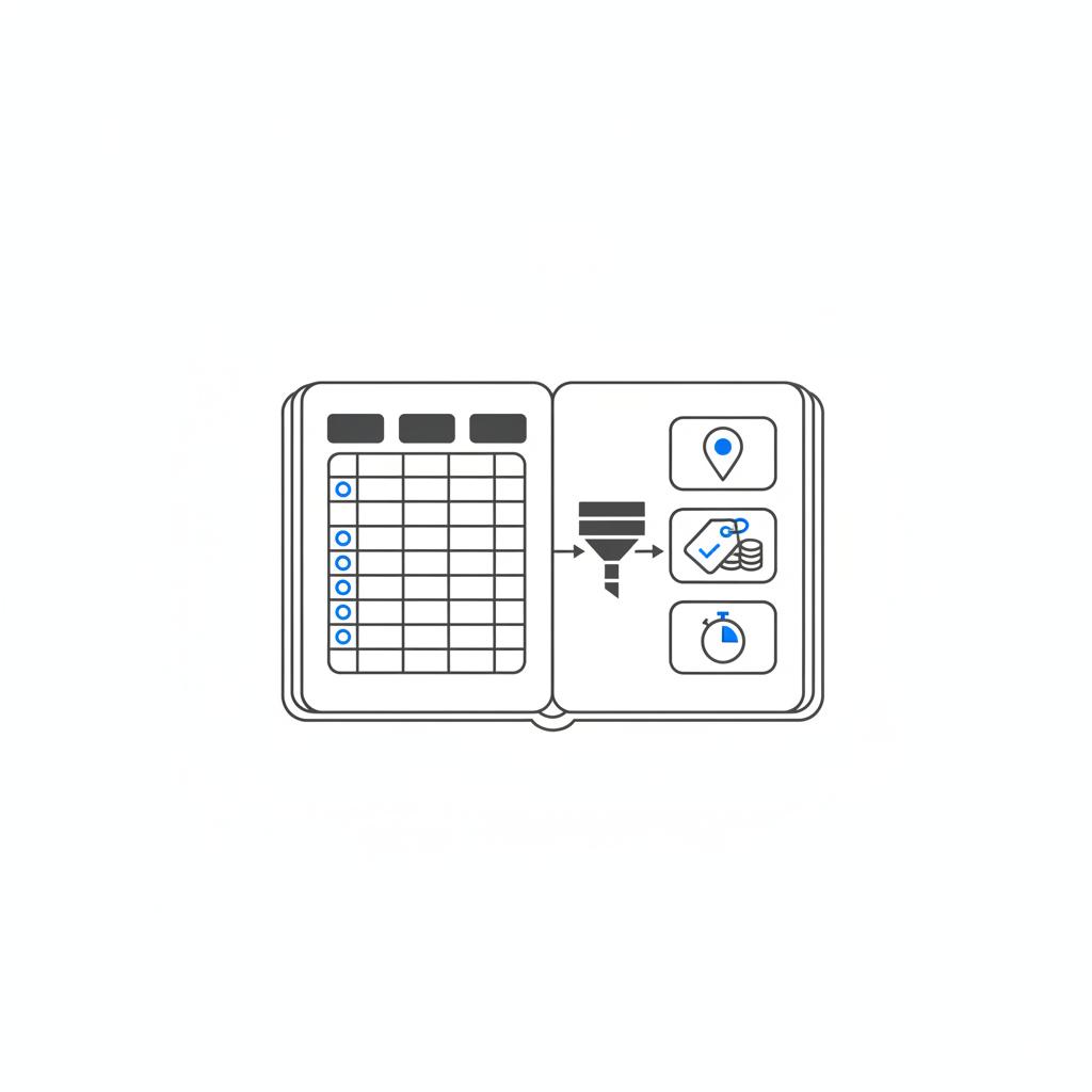 Notebook-style vector of a spreadsheet and icon checklist (geo pin, coin stack, clock) illustrating Thumbtack cost per lead