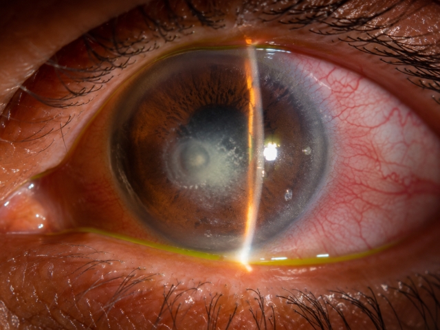 Slit-lamp examination of an infected cornea (keratitis) at Dayal Eye Centre