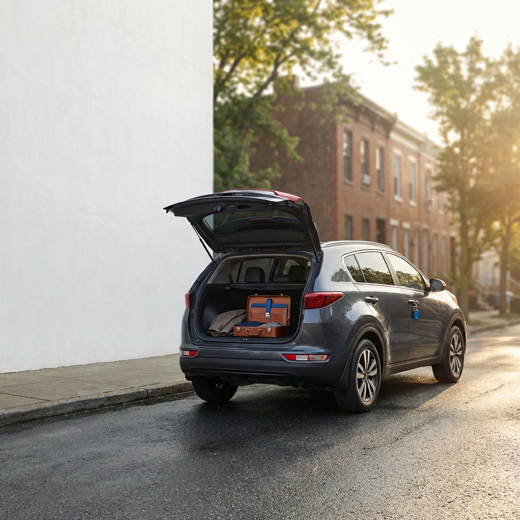 kia close to me sportage parked on a commuter street at sunrise trunk open showing briefcase minimal clean white background subtle blue accents