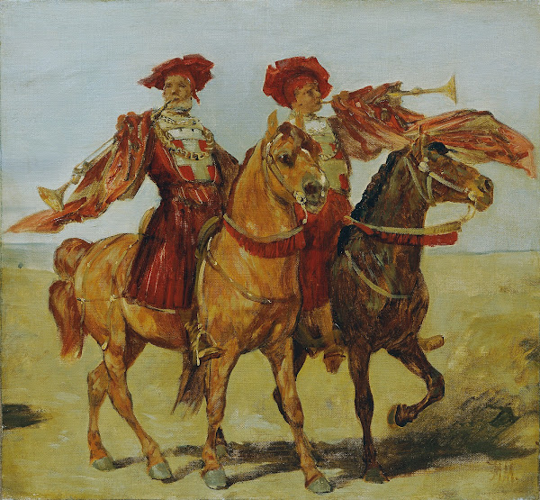 Zwei berittene Fanfarenbläser 1879