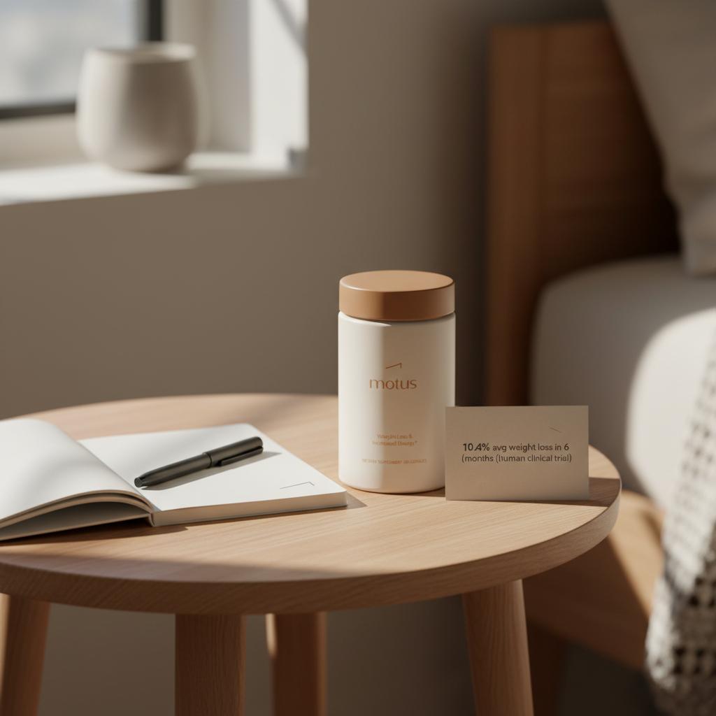 Tonum Motus container on wooden bedside table with clinician notebook and card stating 10.4% avg weight loss in 6 months; minimalist clinical lifestyle scene, appetite suppressants FDA approved