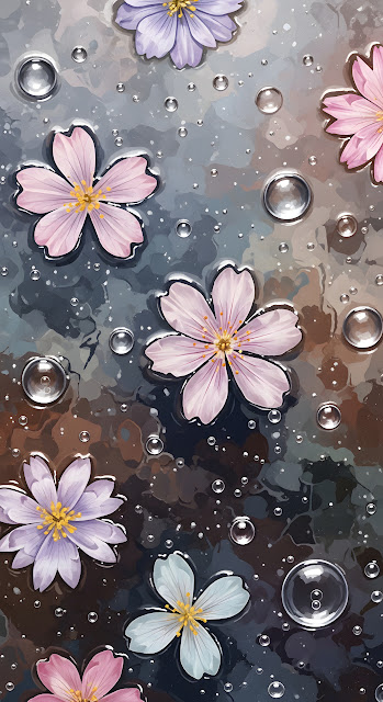 Glossy Pink and Purple Flowers Floating on Wet Surface Painting - Free mobile Wallpaper