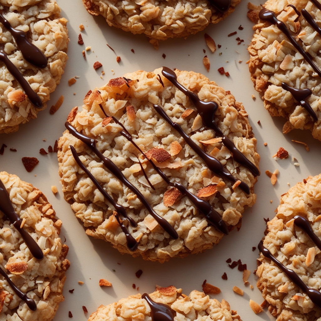 Thin Crispy Oatmeal Cookies with Toasted Coconut and Chocolate Drizzle - Easy Homemade Treat