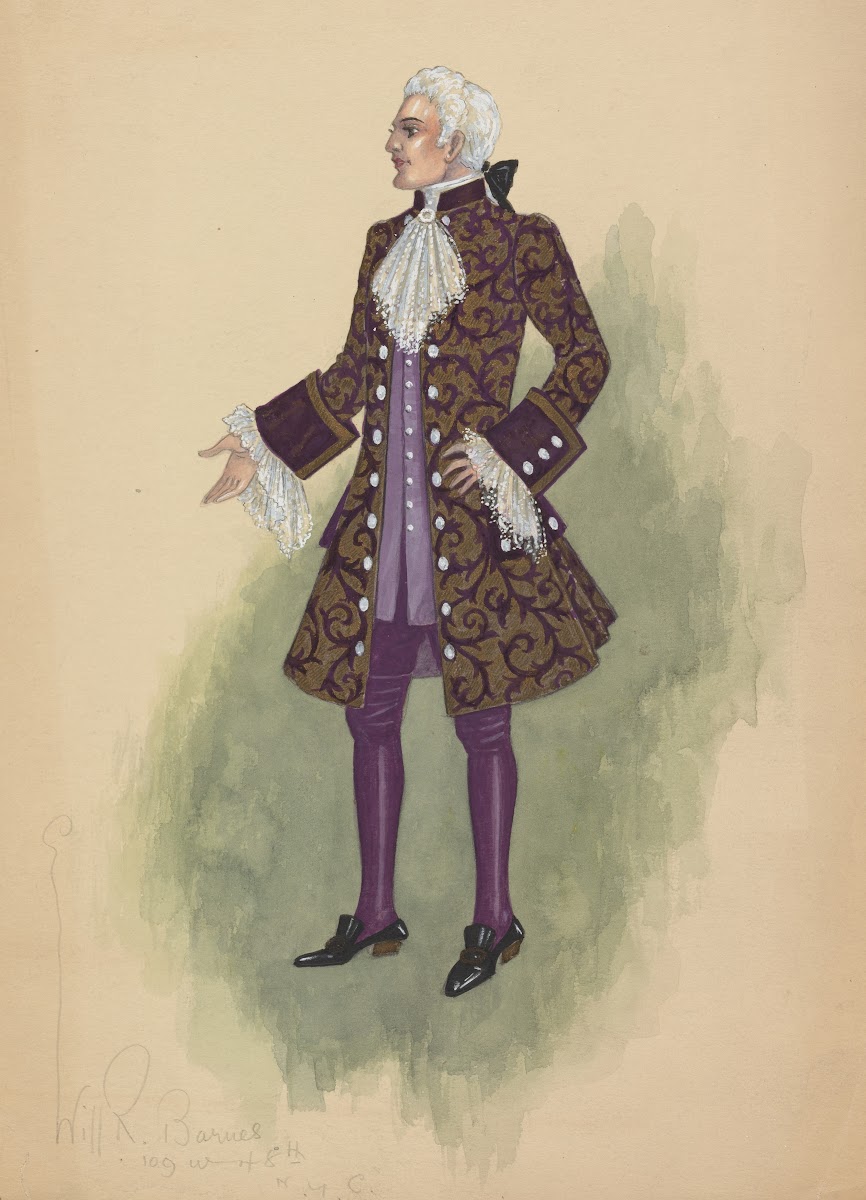Man in gold and purple brocade justacorps waistcoat and breeches 1912   1924