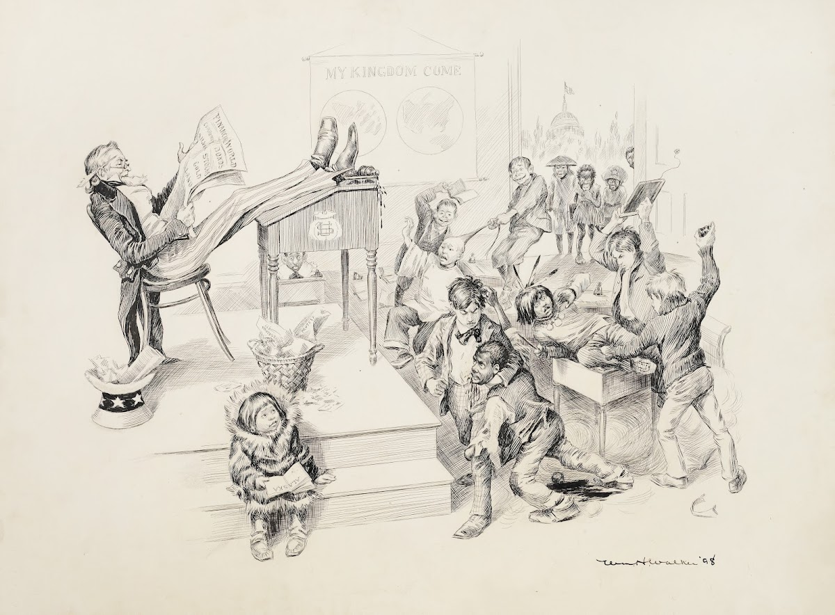 In a classroom Uncle Sam is the teacher ignoring the students and reading about