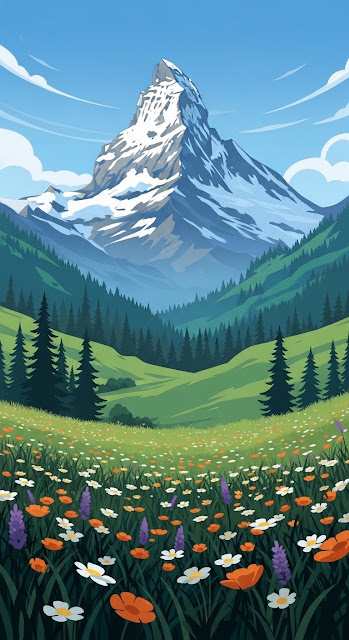 Snowy Mountain Peak Over Wildflower Meadow Illustration - Free mobile Wallpaper