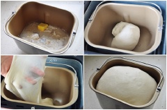 Rây bột làm bánh mì vào âu, thêm men nở trộn đều tiếp đó cho muối, đường, bơ và nước vào nhào thành khối bột đồng nhất. Cho khối bột vào âu che phủ lại rồi ủ lên men cho tới khi bột nở gấp đôi.