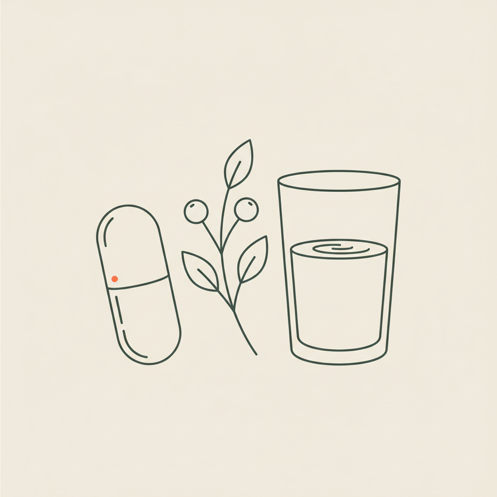 Minimal Tonum-style line illustration of a capsule, berry sprig, and water glass on beige background, representing supplements to lower cortisol