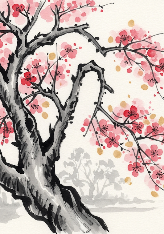 Serene Blossoms In Sumi-e Style