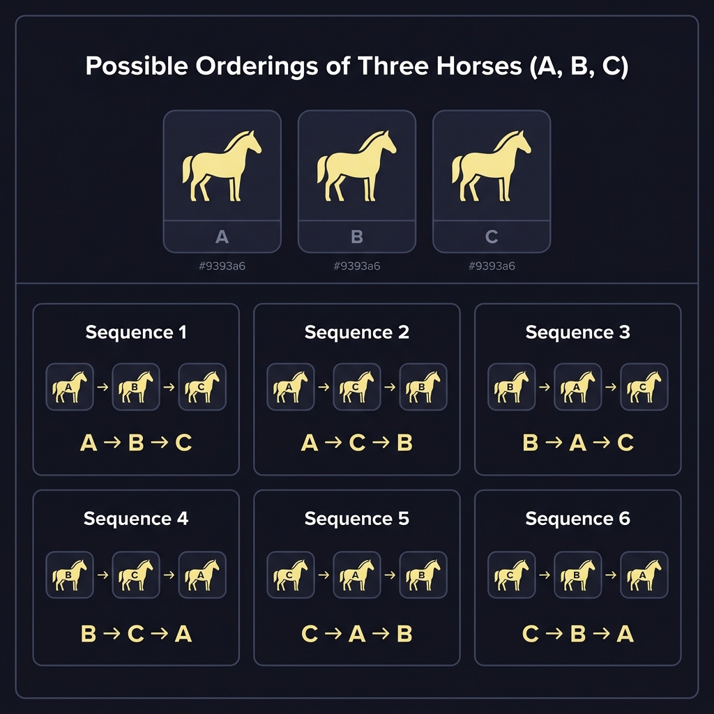 Minimalist infographic of three horses labeled A B C with arrows showing all six orderings illustrating a trifecta calculator on a dark Funded Plays style background