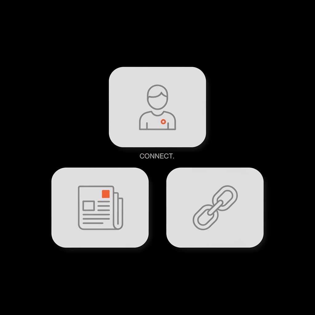 Minimal infographic on black background with light-gray panels, vector icons for profile, news article, and link chain with subtle #dc5c2b highlights — is Instagram verification free