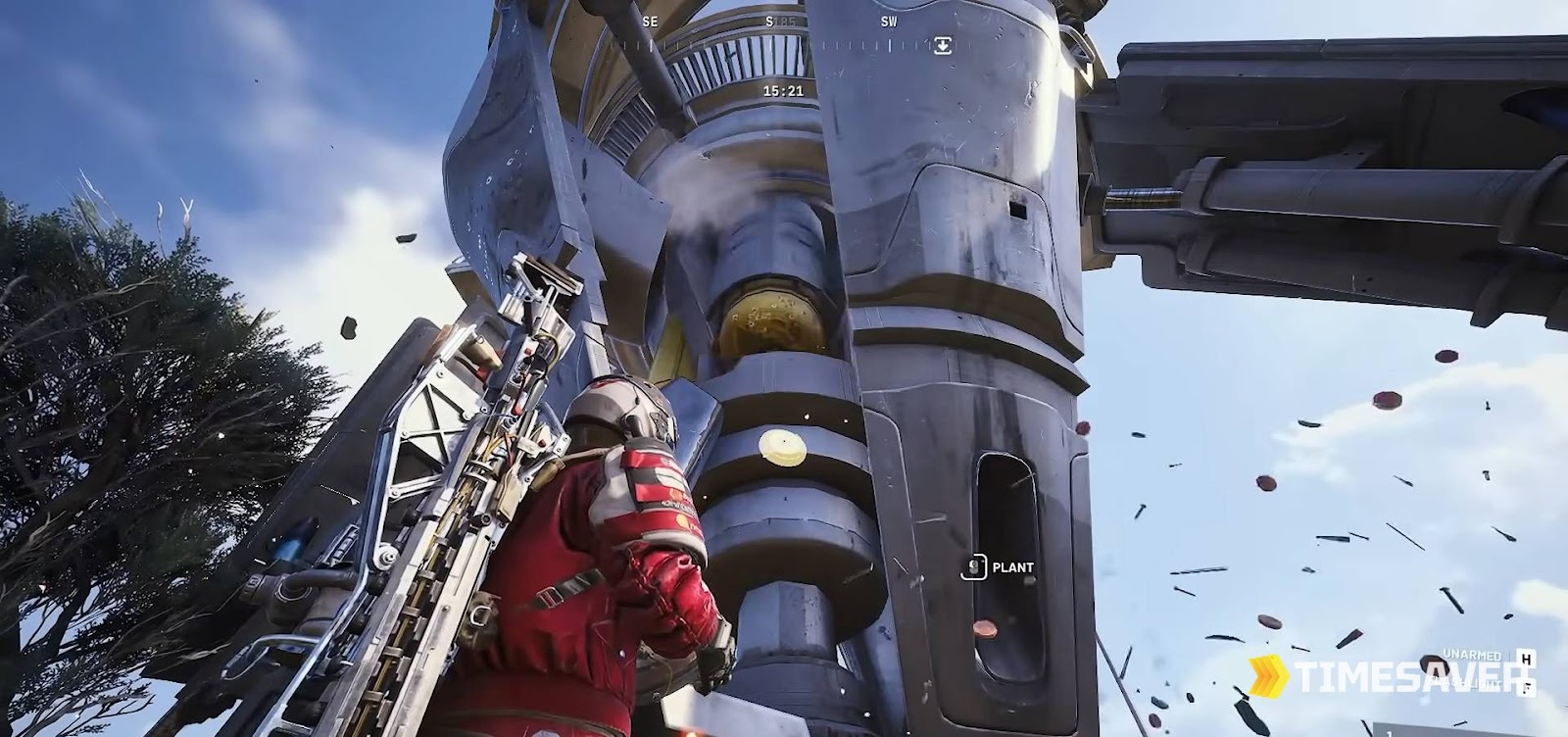 ARC Raiders Raider up close beneath a landed ARC Turbine with the PLANT prompt visible, placing an explosive on the exposed yellow core during the grounded weak-point phase of the Damage Turbines Trial