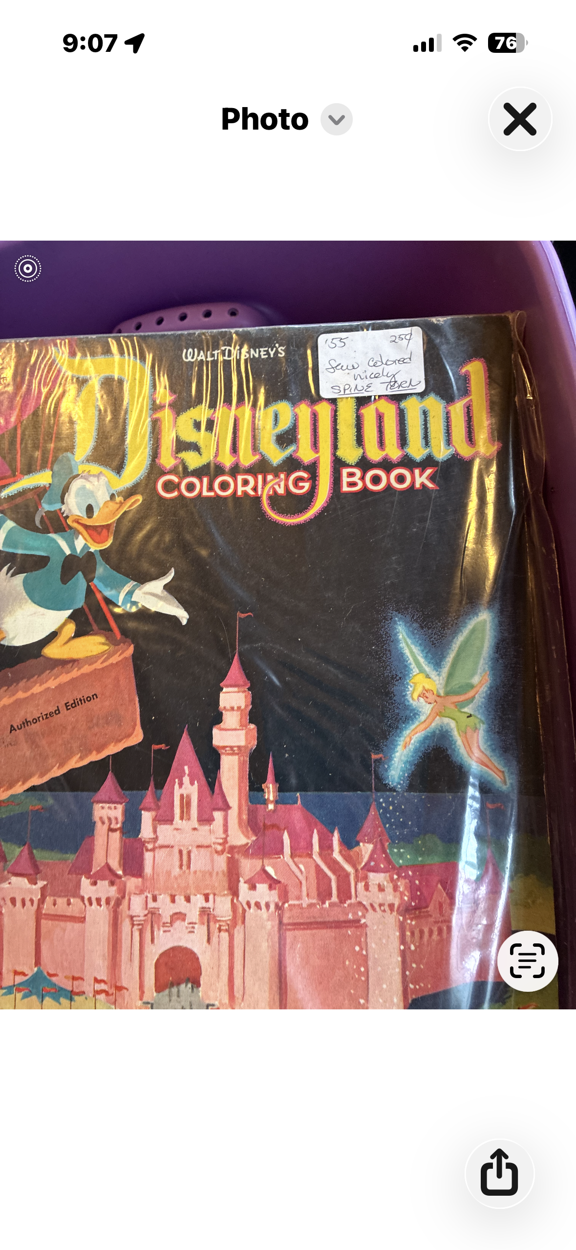 Vintage Whitman Disneyland coloring book circa 1955-1958 showing Sleeping Beauty Castle logo with Donald Duck and Tinker Bell, softcover 8.5x11 with handwritten price tag