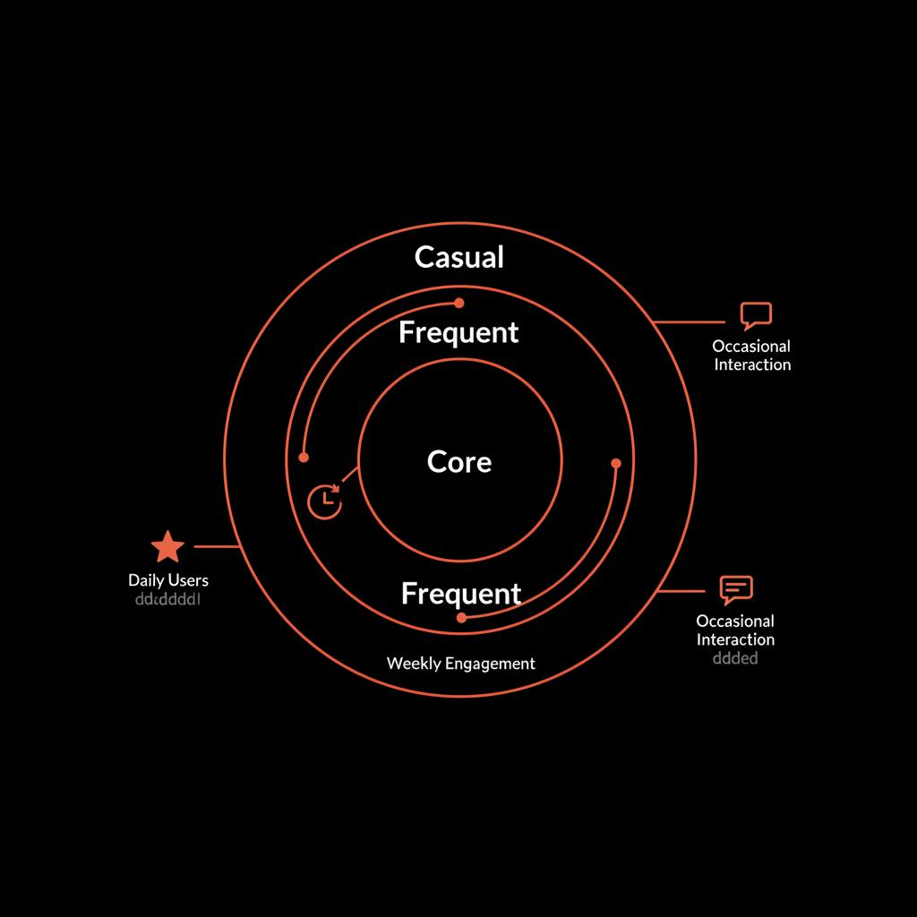 Minimal vector diagram of three concentric circles labeled Core, Frequent, Casual on black background with accent lines for building lasting community