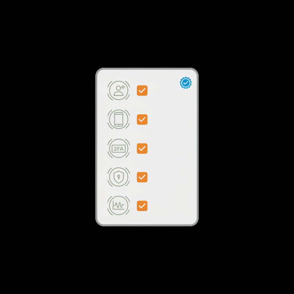 Minimal 2D vector infographic checklist showing profile photo, phone, 2FA shield, and activity icons with check marks, for an article about how to buy a blue tick on Twitter.