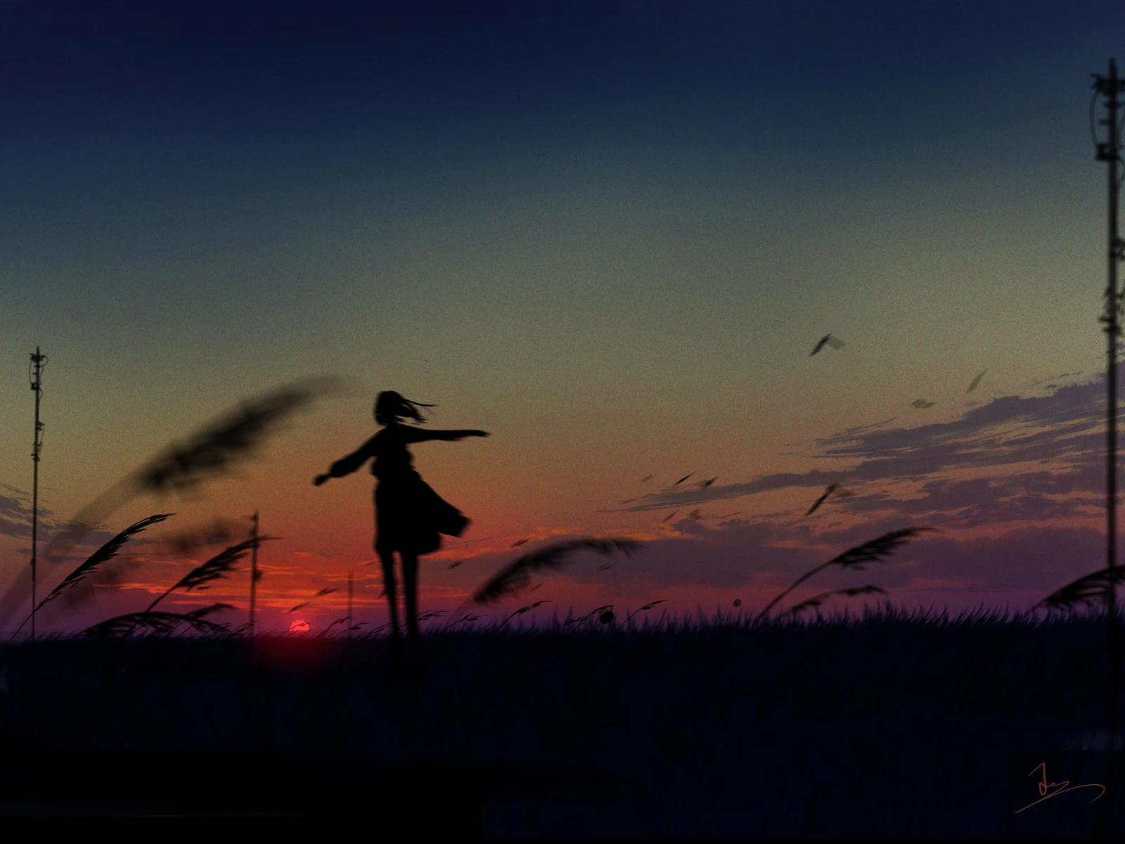 Silhouette Girl Under Twilight Sky - Digital Painting Art 4K Wallpaper (4000x3000)