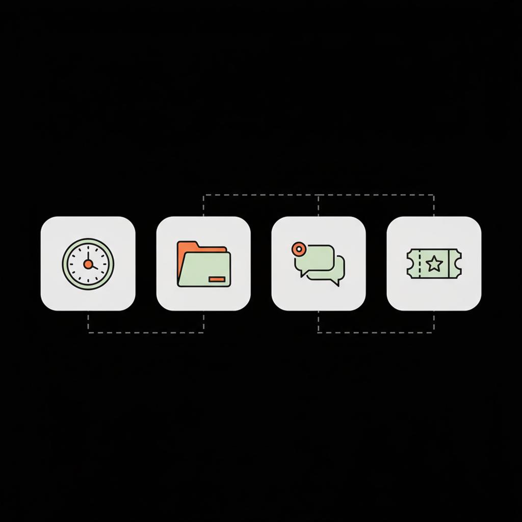 Minimal 2D vector infographic checklist with clock, folder, message, and ticket icons on black background using Social Success Hub palette, illustrating steps to address negative Glassdoor reviews.