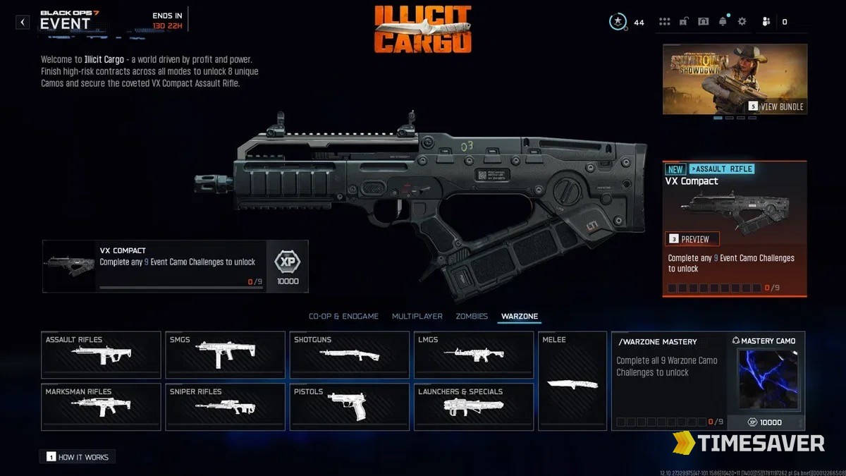 Black Ops 7 Illicit Cargo in-game event menu showing weapon-class challenges and the VX Compact reward
