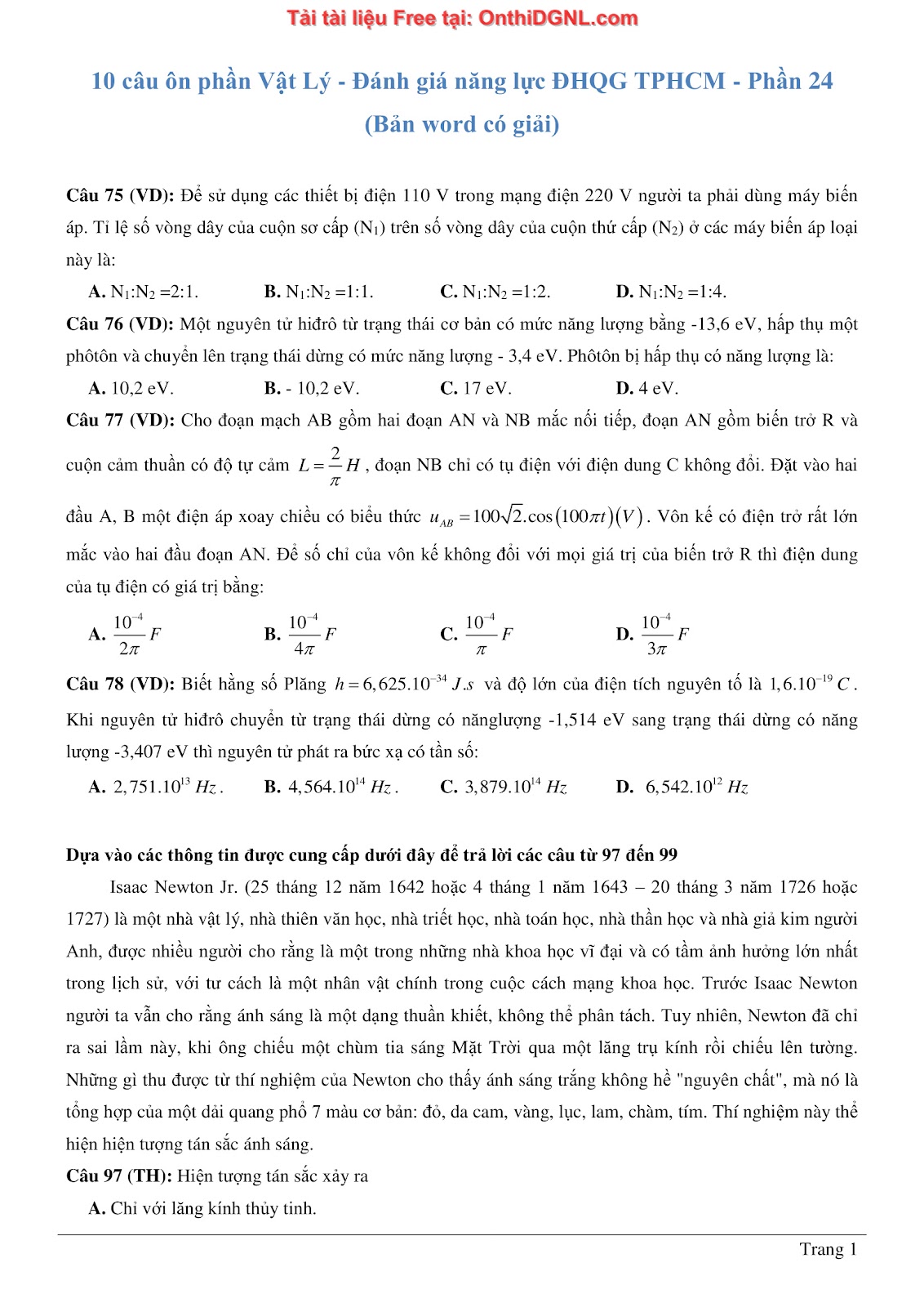 300 bài tập môn Vật Lý - Ôn thi ĐGNL ĐHQG TPHCM Phần 24