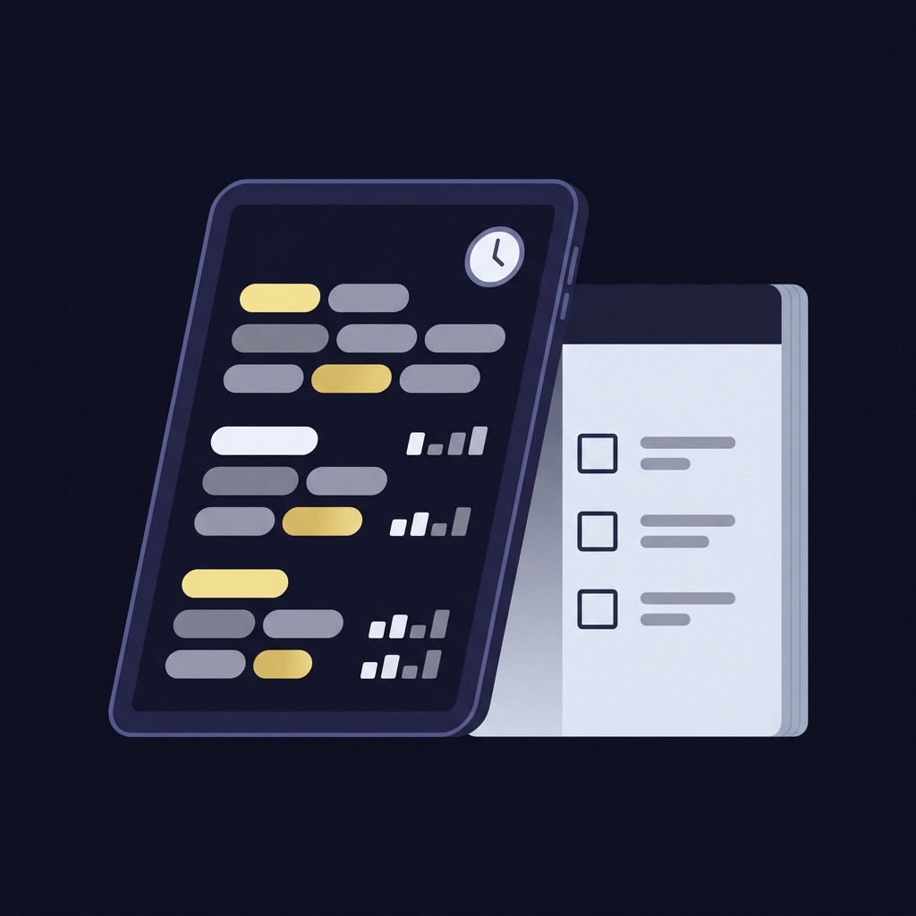 Minimalist 2D vector close up of a tablet showing a team odds hub with a timestamp icon next to a notepad checklist in Funded Plays colors line on nfl tonight