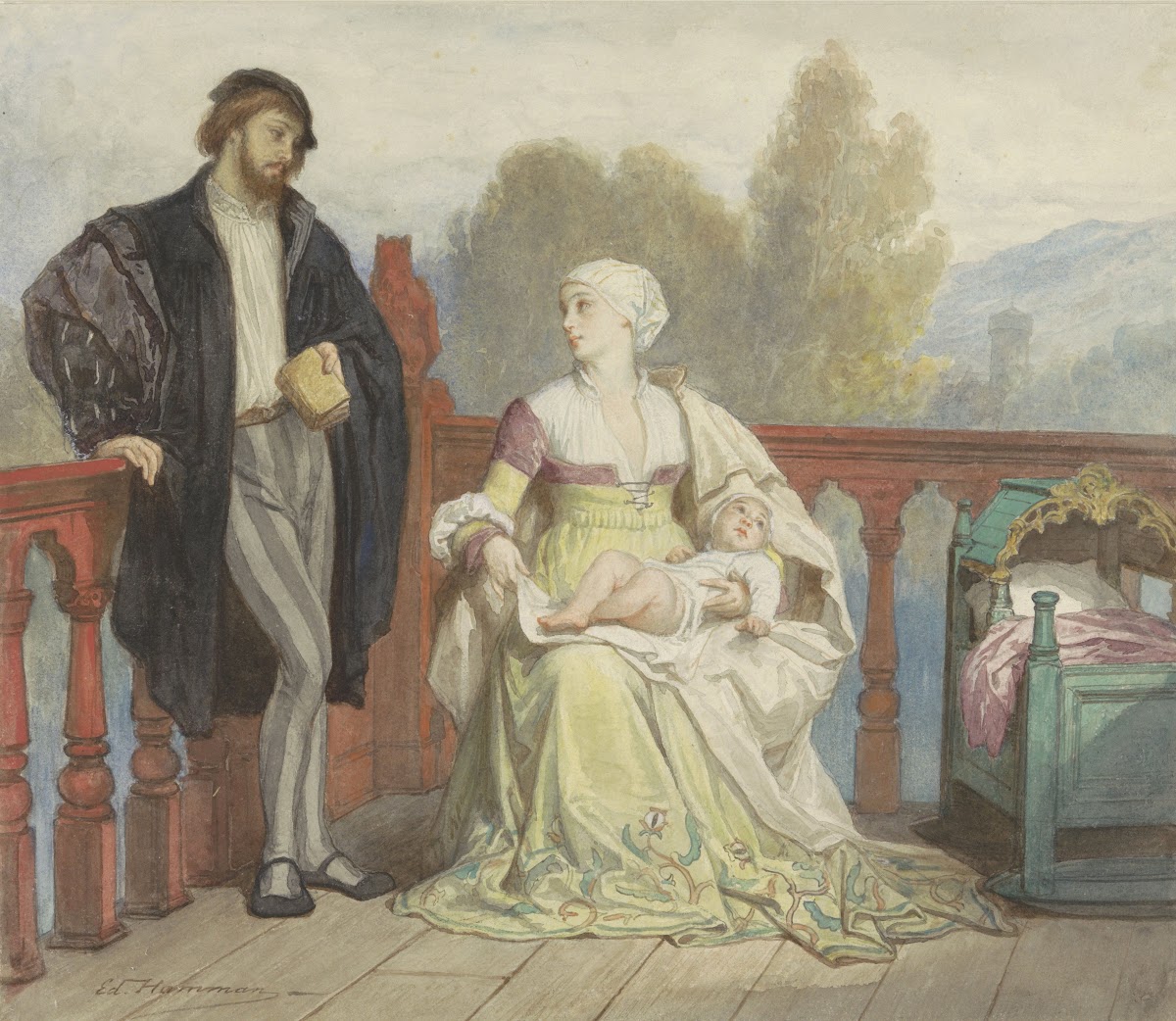Francesca di Rimini en Paolo di Polenta met kind op een balkon 1829   1888