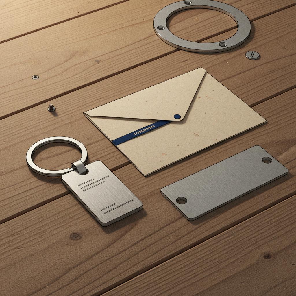 Nahaufnahme minimalistischer Geschenkdetails auf rustikalem Holztisch mit graviertem Schlüsselanhänger, geschlossener Karte und Metallplakette – geschenkideen 20 jahre