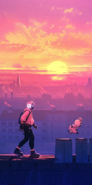 Cyberpunk Rooftop Walker At Sunset 4K Wallpaper Background