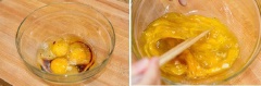Trứng đập ra tô, nêm 1 muỗng cà phê rượu sake, 1/2 muỗng cà phê nước tương, 1/4 muỗng cà phê muối, 1/4 muỗng cà phê tiêu rồi khuấy đều cho tan. Hẹ nhặt bỏ lá úa, rửa sạch, để ráo. Sau đó, cắt hẹ thành từng khúc dài 5cm. Làm nóng chảo dầu ăn, cho hẹ vào xào sơ nhanh rồi lấy ra cho vào tô trứng trộn đều.