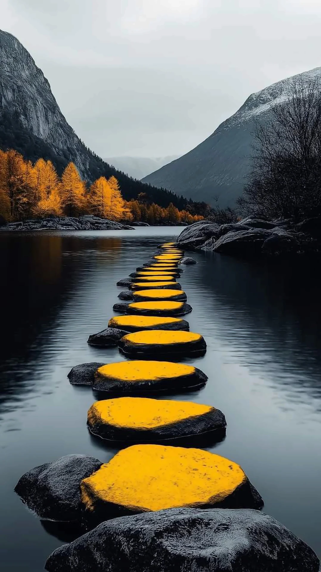Yellow Stepping Stones Path Moody Mountain Landscape - Free 4K mobile Wallpaper