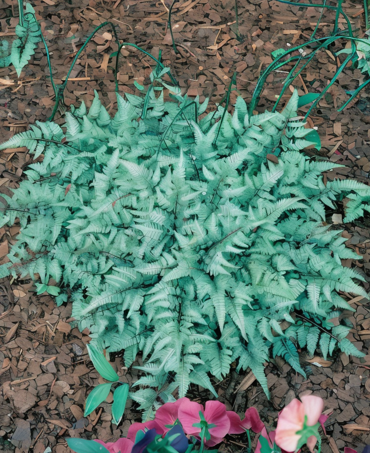 Athyrium niponicum 'Pictum' in giardino ombreggiato