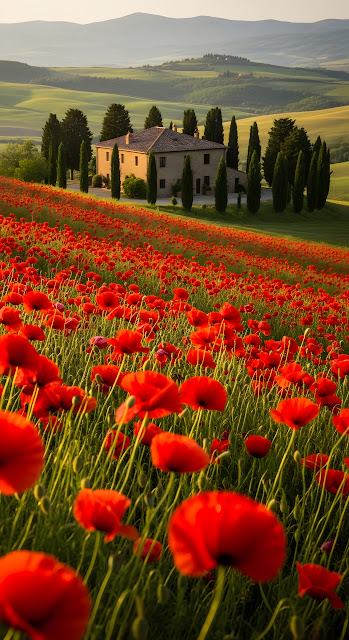 Tuscan Farmhouse Behind Vibrant Red Poppy Field at Golden Hour - Free mobile Wallpaper