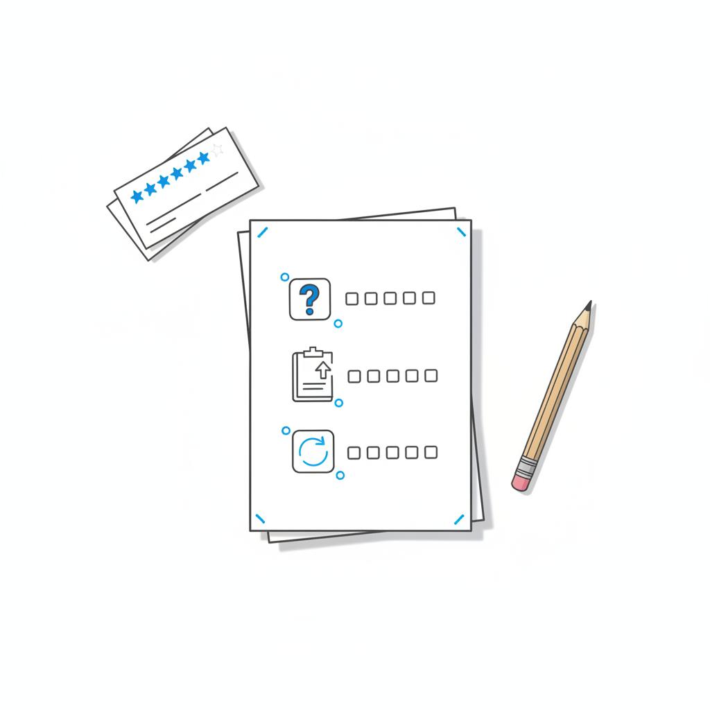 Minimal 2D vector of a folded checklist paper, pencil, and stacked review cards with star icons representing Google reviews, white background and blue accents.