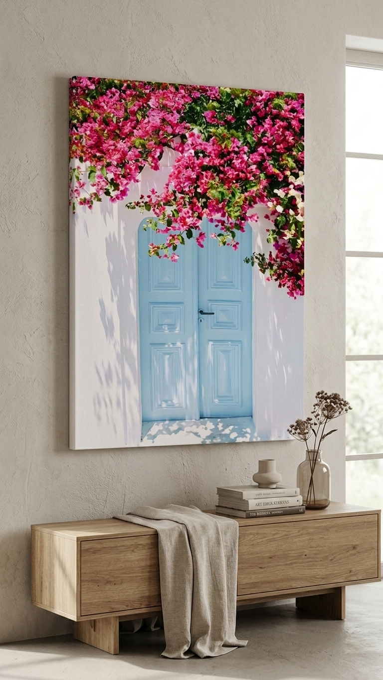 Vibrant Pink Bougainvillea & Blue Door Canvas Print Wall Art UK (40x60)