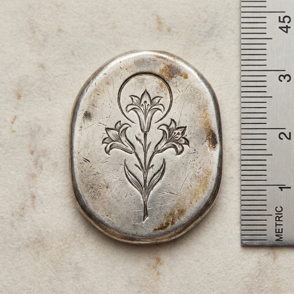 High resolution macro of an aged silver medieval pendant engraved with a saint attribute next to a metric ruler for scale on a pale beige background