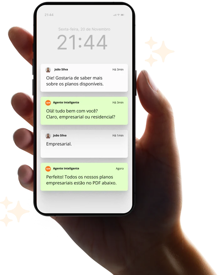 Mockup de smartphone apresentando notificações de conversa no WhatsApp, representando atendimento com assistentes inteligentes 24/7