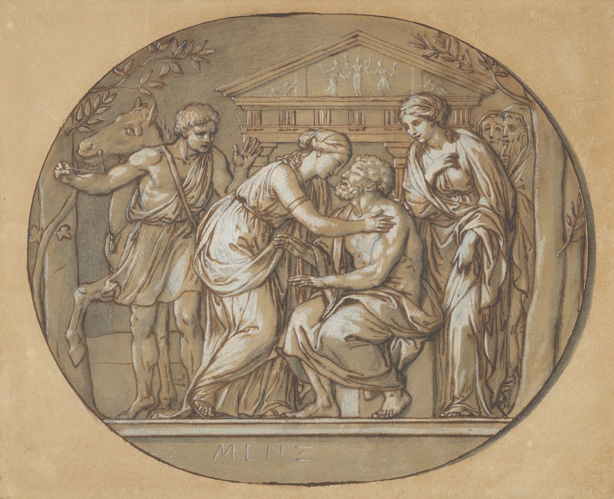 Oedipus before the Temple of the Furies between his Daughters Antigone and Ismen