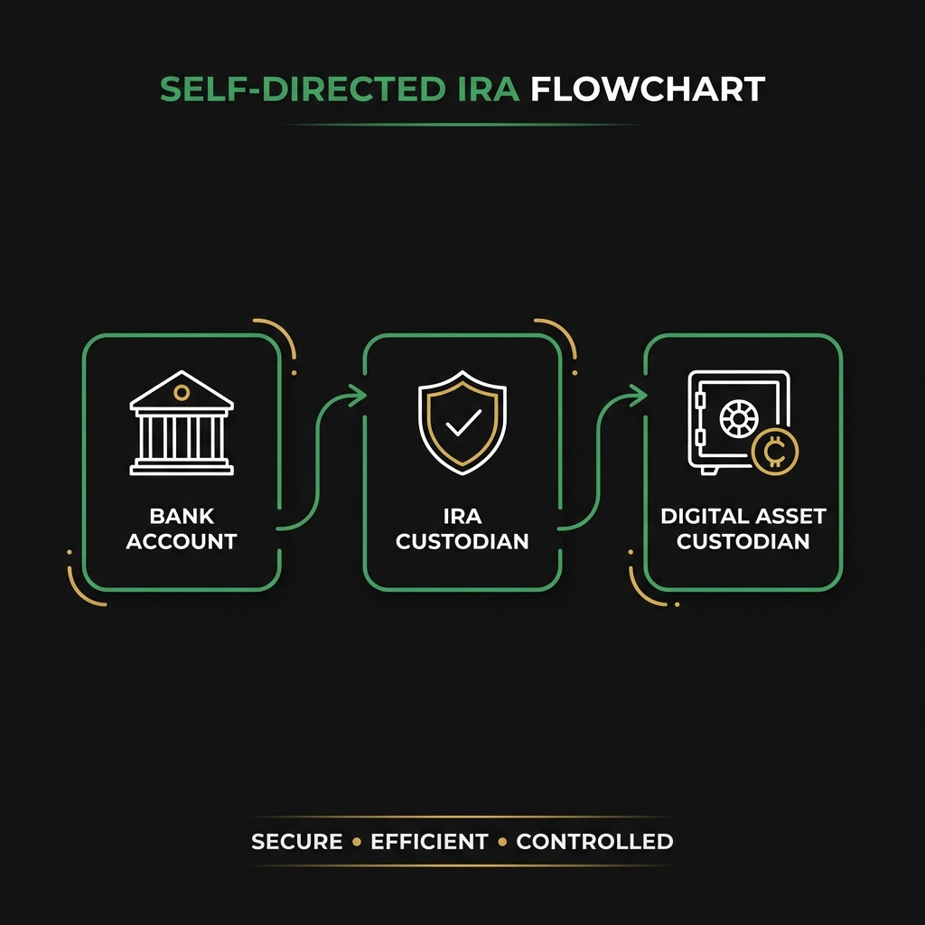 Minimalist full frame illustration of a self directed IRA flowchart from bank account to IRA custodian to digital asset custodian for crypto retirement account