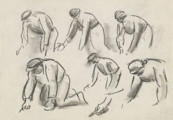 Studieblad met 6 schetsjes van knielende aardappelrooiers 1925   1927