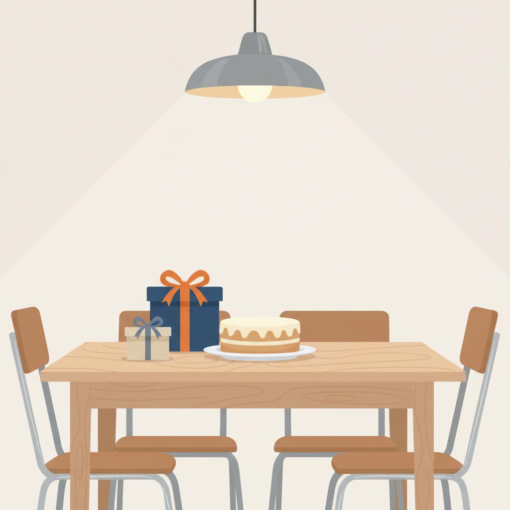 2D-Vektor-Illustration eines minimalistischen Esstischs mit Geschenken und Vanillekuchen im warm-industriellen Ambiente, ruhig und einladend – was kann ich meiner Schwägerin schenken?