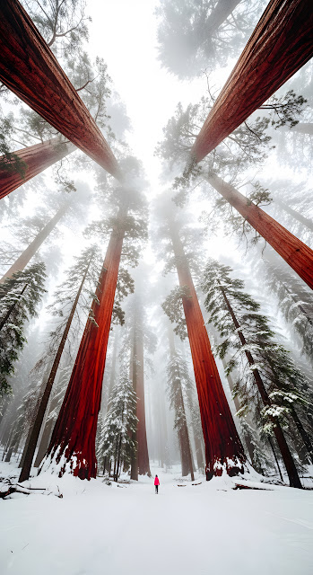 Cinematic Low-Angle Photo of Giant Sequoia Trees in a Snowy, Foggy Forest with Hiker - Free mobile Wallpaper