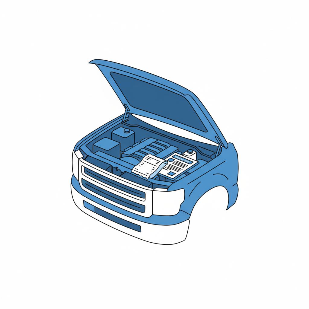 Minimalist 2D vector of open truck hood and engine bay with neat stack of blank service receipts and a vehicle history report in CarFax Deals colors ford f150 raptor for sale