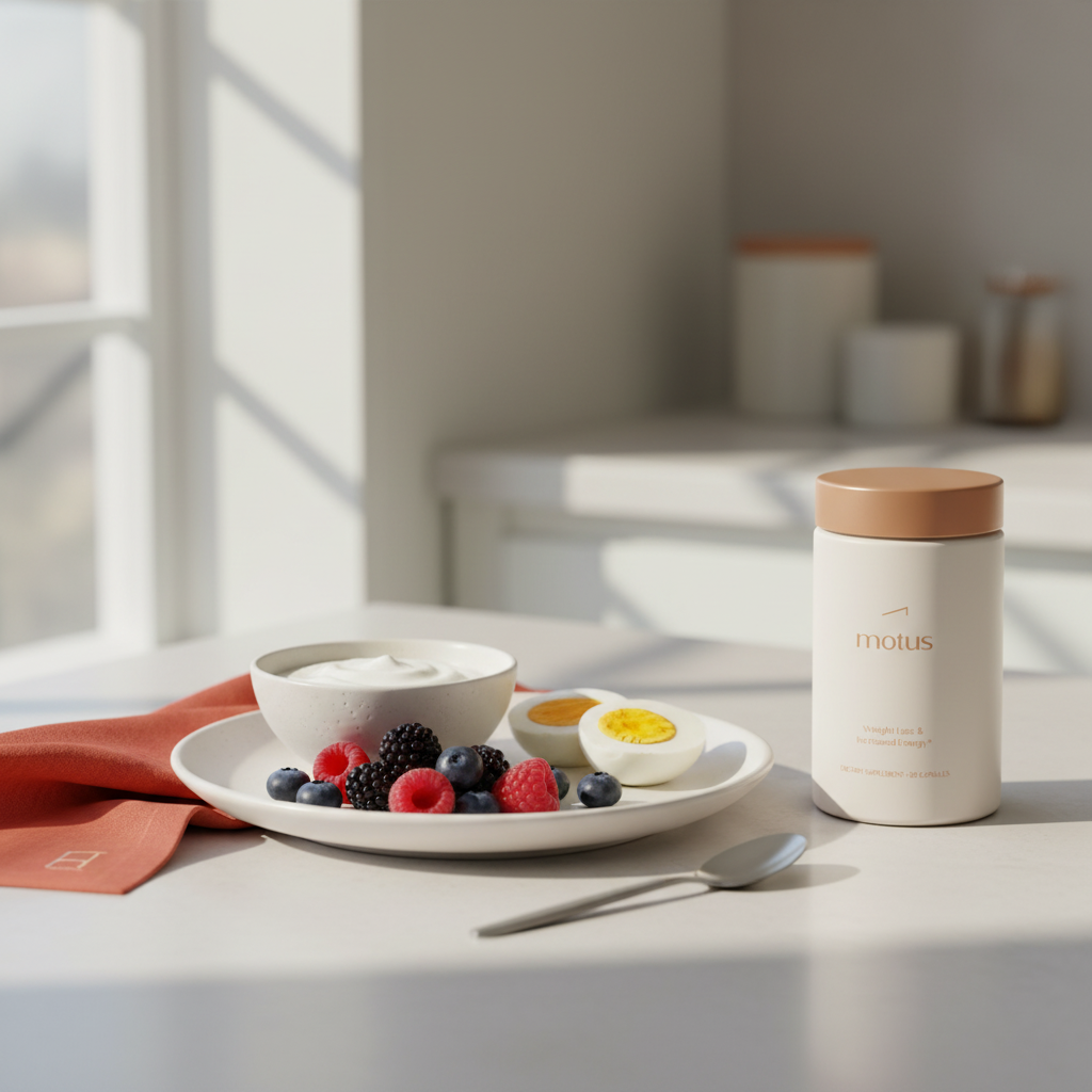 Motus supplement jar beside a plate of Greek yogurt, eggs and berries on a Tonum-colored kitchen counter in natural morning light, minimalist scene promoting overnight belly fat loss