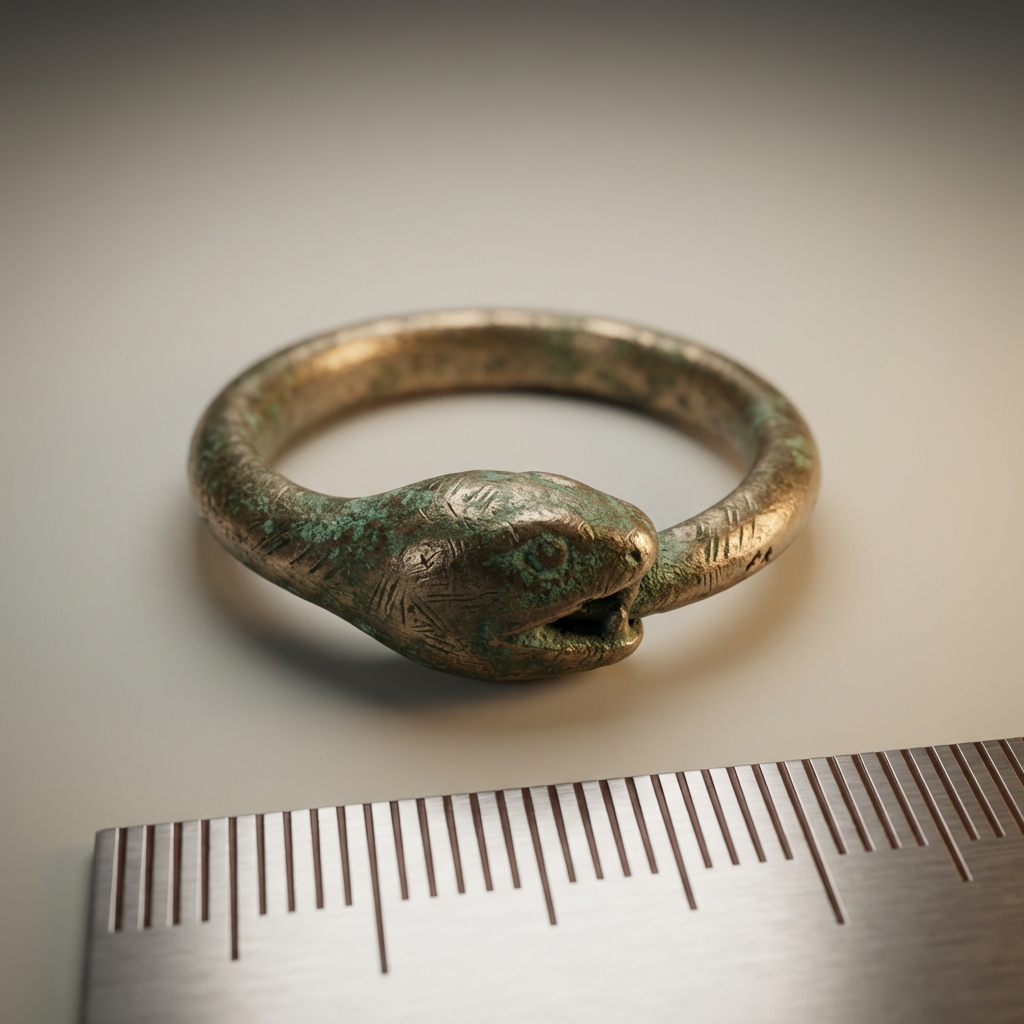 Close up of an ancient ouroboros snake ring biting its tail with visible patina and fine tool marks shown with a metal ruler for scale on a muted ede7da background