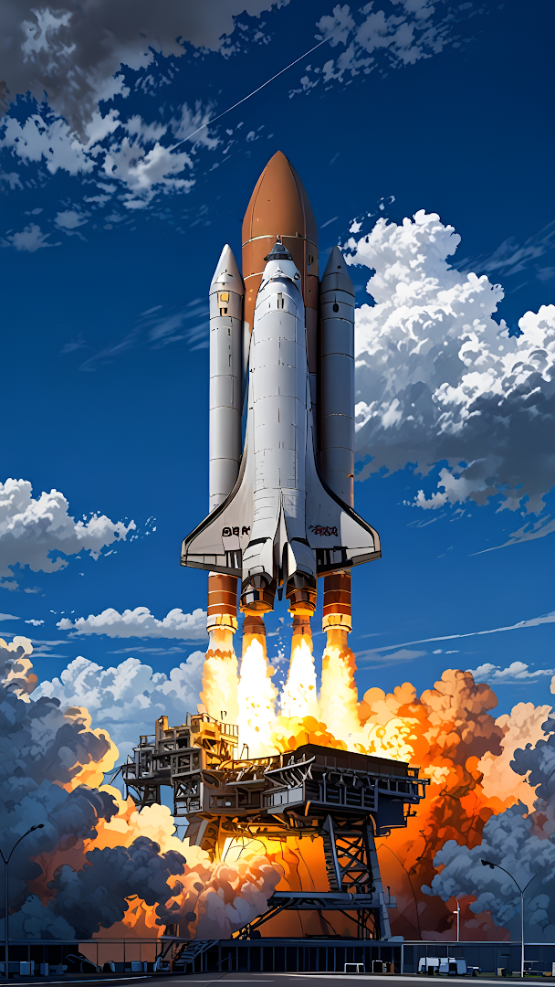 Space Shuttle Launching into Blue Sky with Fiery Thrust