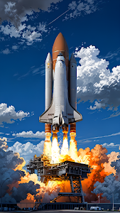 Space Shuttle Launching into Blue Sky with Fiery Thrust